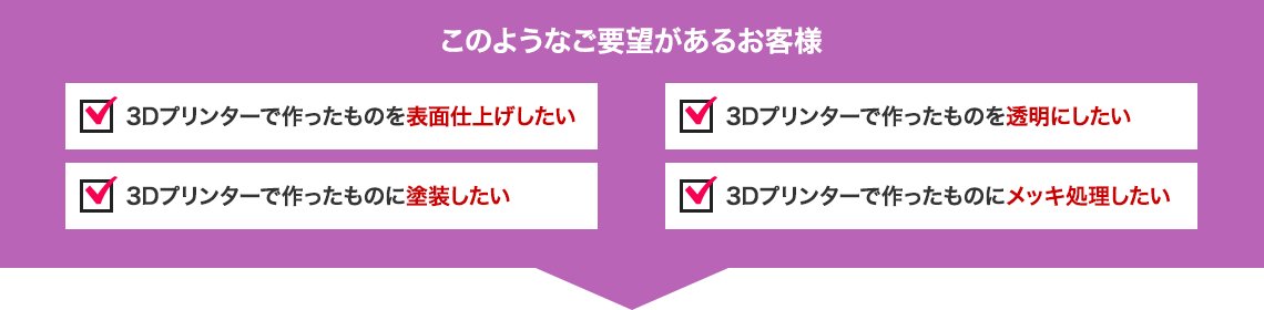 このようなご要望があるお客様|「3Dプリンターで作ったものを表面仕上げしたい」「3Dプリンターで作ったものを透明にしたい」「3Dプリンターで作ったものに塗装したい」「3Dプリンターで作ったものにメッキ処理したい」