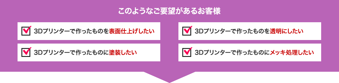 このようなご要望があるお客様｜「3Dプリンターで作ったものを表面仕上げしたい」「3Dプリンターで作ったものを透明にしたい」「3Dプリンターで作ったものに塗装したい」「3Dプリンターで作ったものにメッキ処理したい」